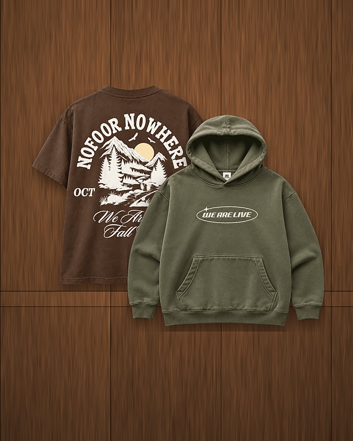 The tee and hoodie together on a wood wall