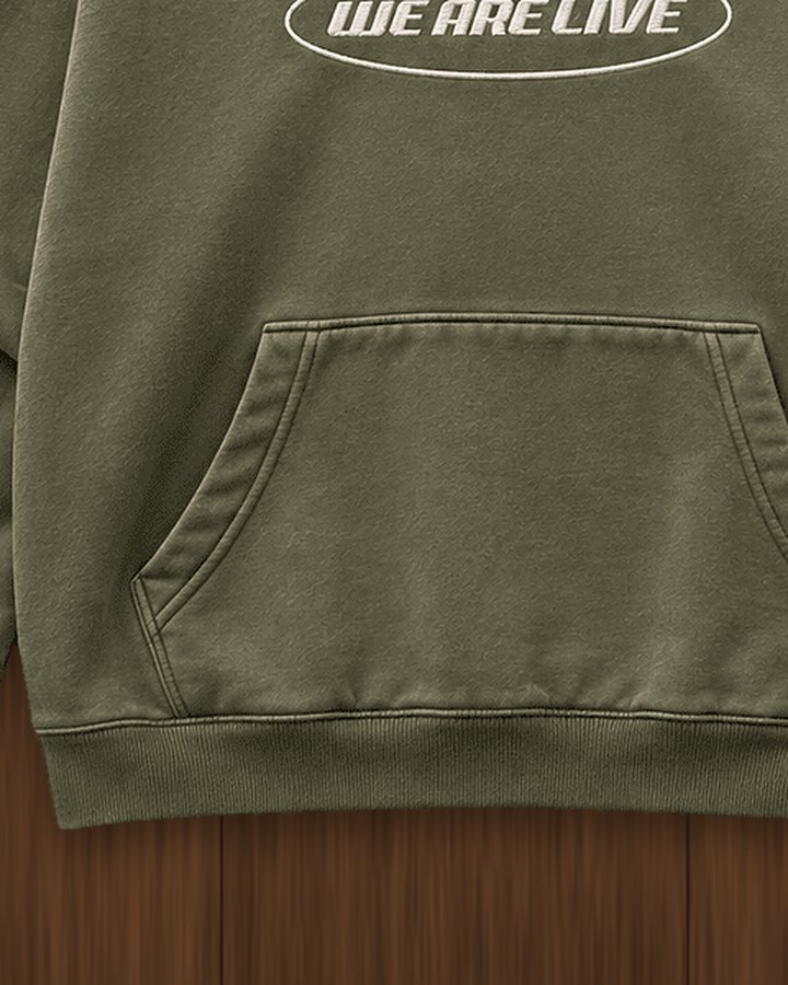 Close-up of the hoodie pocket and ribbed hem